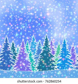 Christmas Horizontal Seamless Background, Magic Landscape with Colorful Fir Trees, Bright Stars and Confetti on Blue Sky, Winter Holiday Illustration. Eps10, Contains Transparencies. Vector