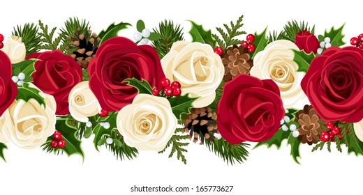 Christmas horizontal seamless background with roses. Vector illustration.