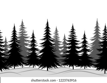 Christmas Horizontal Seamless Background, Winter Landscape with Black and Grey Fir Trees in Snow. Vector