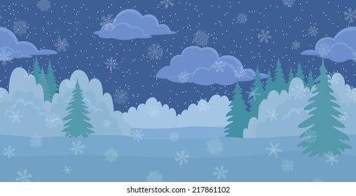 Christmas horizontal seamless background, winter landscape, night forest with snow, white snowflakes and starry cloudy sky. Vector