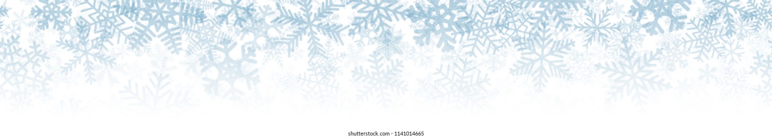 Christmas horizontal seamless banner or background of many layers of snowflakes of different shapes, sizes and transparency. Gradient from light blue to white