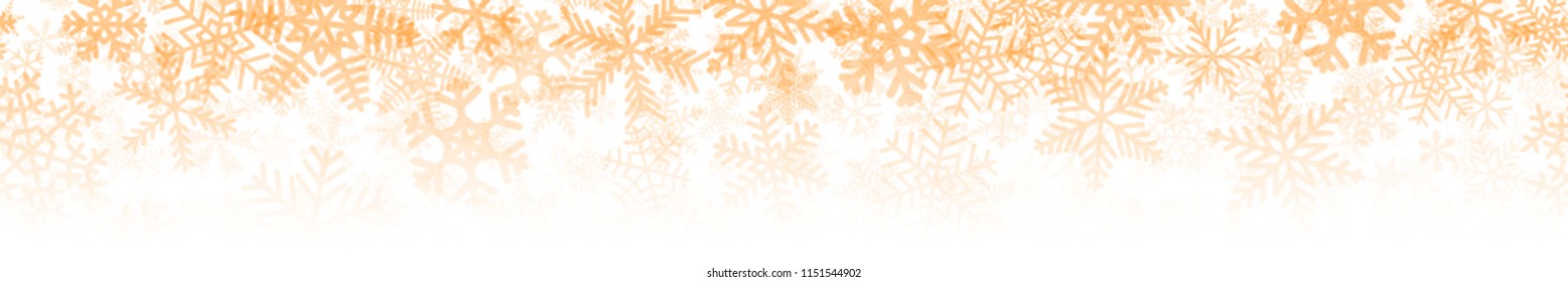 Christmas horizontal seamless banner or background of many layers of snowflakes of different shapes, sizes and transparency. Gradient from yellow to white