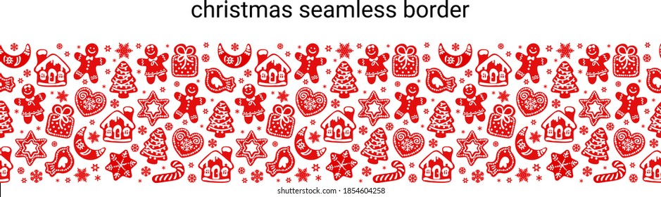 Christmas horizontal seamless border composed of red silhouettes of gingerbread cookies and snowflakes isolated on white background. Vector illustration.