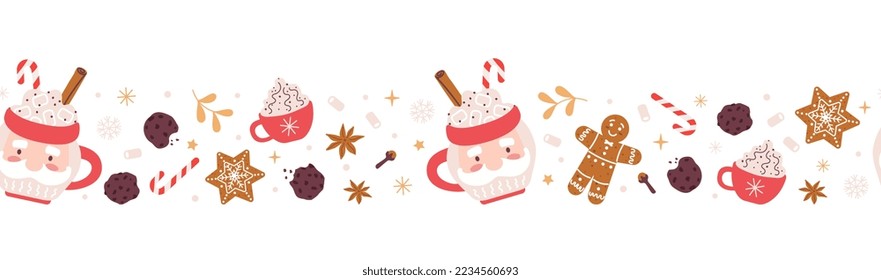 Christmas horizontal seamless border with gingerbread, mug with hot chocolate, cookies, marshmallows and candy cane. Festive pattern for greeting cards, banners, invitations, textiles.