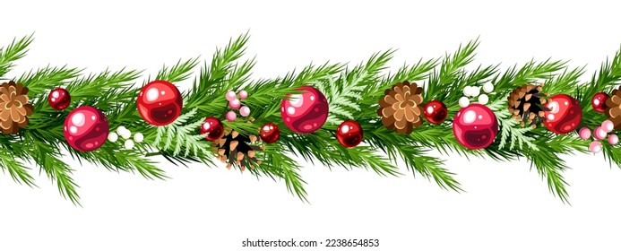 Christmas horizontal seamless border with green fir branches, red shining Christmas balls, and pine cones. Vector illustration