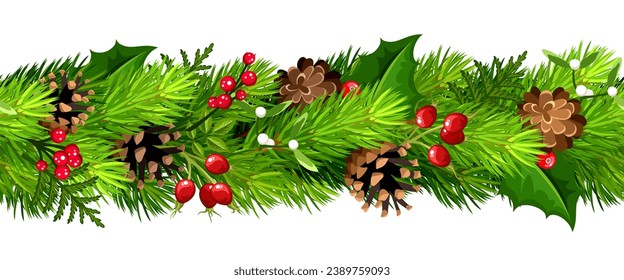 Christmas horizontal seamless border with green fir branches, pine cones, holly leaves and berries, and mistletoe. Vector seamless garland. Hand-drawn illustration, not AI
