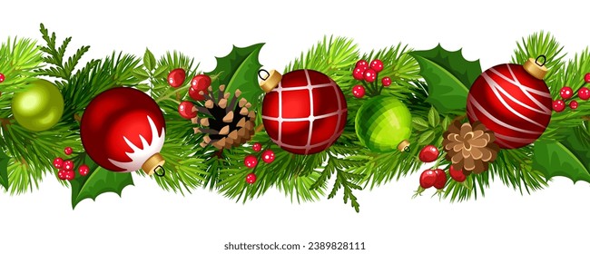 Christmas horizontal seamless border with green fir branches, red and green Christmas balls, pine cones, rosehip, and holly. Vector seamless garland. Hand-drawn illustration, not AI