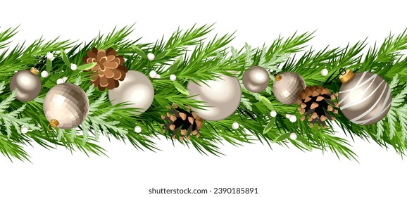 Christmas horizontal seamless border with green fir branches, silver and white Christmas balls, pine cones, and mistletoe. Vector seamless garland. Hand-drawn illustration, not AI