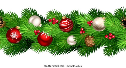 Christmas horizontal seamless border with green fir branches, red and silver Christmas balls, pine cones, and holly. Vector seamless garland. Hand-drawn illustration, not AI