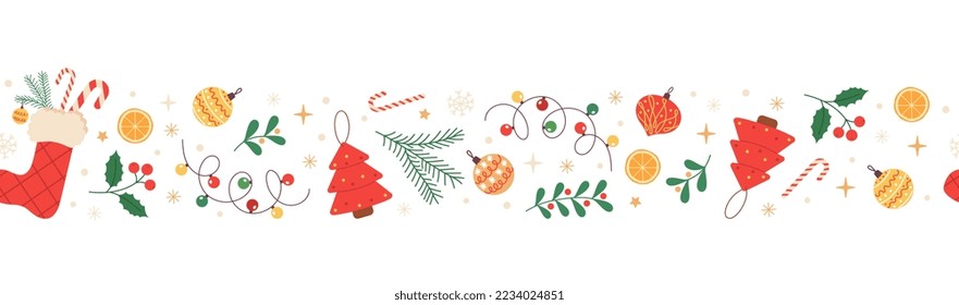 Christmas horizontal seamless border with holly, christmas stocking, snowflakes, candy cane and christmas decorations. Festive pattern for greeting cards, banners, invitations, textiles.