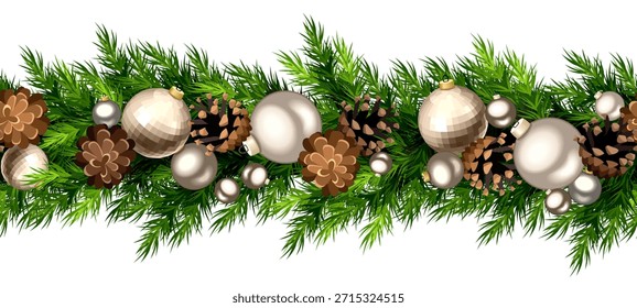 Borda horizontal sem emenda de Natal com bolas de Natal prateadas, ramos de abeto verde e cones de pinho. Vetor sem costura grinalda. Ilustração desenhada à mão, não IA