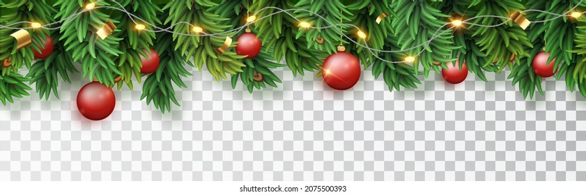 Christmas horizontal seamless frame with fir branches, diode garland and red Christmas toys and falling candy isolated on a transparent background.