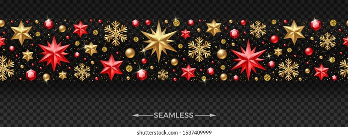 Christmas horizontal seamless pattern with Christmas decoration - stars, ruby gems, golden snowflakes, beads and glitter gold.