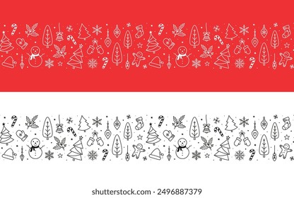 Christmas horizontal seamless pattern, hand drawn, elegant and detailed, great for christmas textiles. Festive pattern for greeting cards