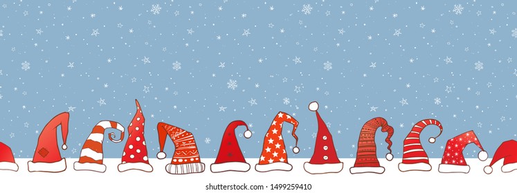 Christmas horizontal seamless pattern with red santa hats on blue evening snowy sky background. Can be used for wallpaper, pattern fills, textile, web page background, surface textures.