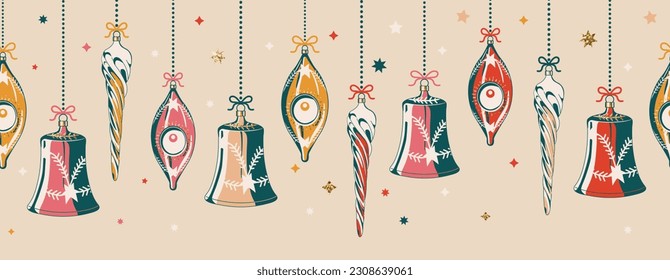 Horizontal nahtlose Weihnachtsmuster im Retro-Stil. Xmas bunte Dekorationen, Vektornahtlose Druckmuster-Illustration. Tapete, Einladungen, Tapete, Stoff.