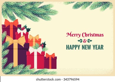 Christmas horizontal template with colorful gift boxes, ribbons, bows, fir branches, holly berries and leaves. Retro vector illustration. Place for your text. Invitation, flyer, gift certificate