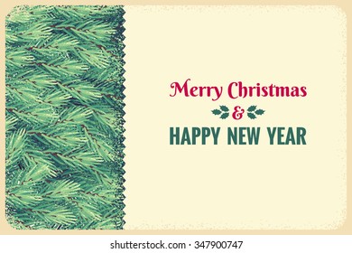 Christmas horizontal template with fir branches. Retro vector illustration. Place for your text. Design for poster, invitation, card, flyer, ticket, certificate
