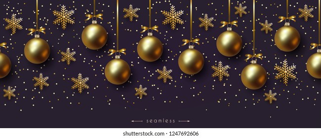 Christmas horizontal ultraviolet seamless border with hanging realistic gold balls and golden snowflakes. Xmas decoration elements for holiday advertising design, vector illustration