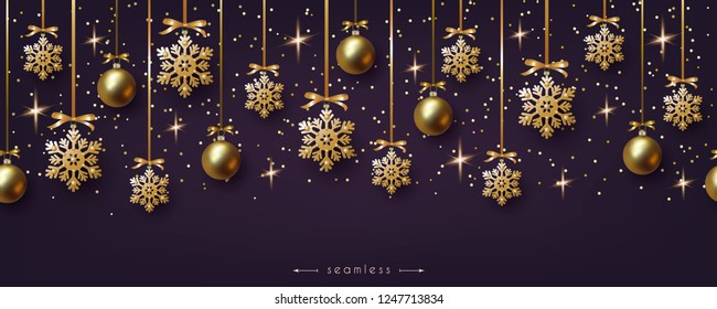 Christmas horizontal ultraviolet seamless border with hanging realistic gold balls and golden snowflakes. Xmas decoration elements for holiday advertising design, vector illustration