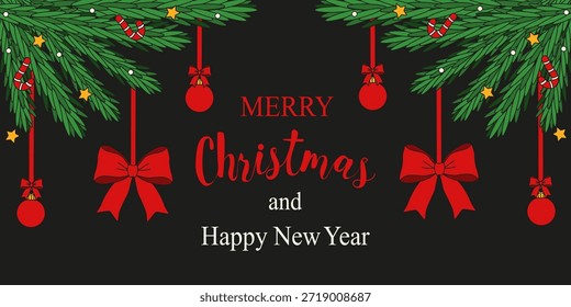 Christmas horizontal vector Banner template design. Christmas tree branch Frame with red bow Christmas ball and holiday typography. EPS 10 