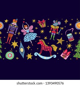 Christmas horizontal vector seamless Nutcracker border.  Seamless pattern can be used for wallpaper, pattern fills, web page background, surface textures.