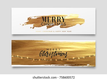 Christmas  horizontal web poster and banner, header for website. Gold Christmas card, design with golden paint brush. Xmas greeting card. vector illustration