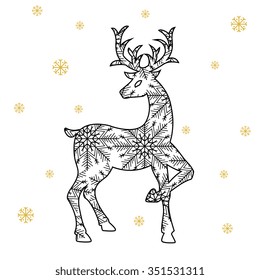  Christmas  horned deer with snowflakes,  isolated on white background, illustration.