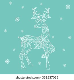  Christmas  horned deer with snowflakes,  isolated on white background, illustration.