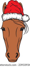 Christmas Horse Head with Santa Hat Color. Vector Illustration.