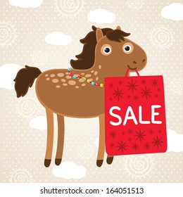 Christmas horse with sale bag. Holiday illustration