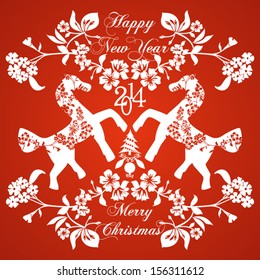 Christmas horses in flowers, Vector illustration. 