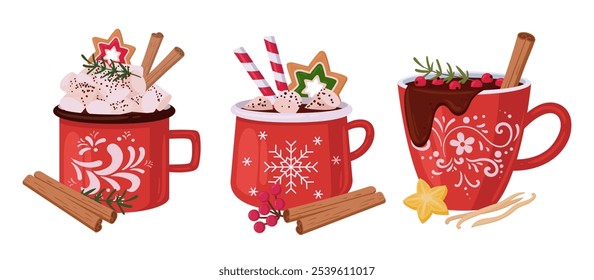 Christmas hot beverage cups. Festive mugs with hot cocoa with marshmallow and cinnamon sticks decor, xmas hot drink cups flat vector illustration set. Winter holiday drinks