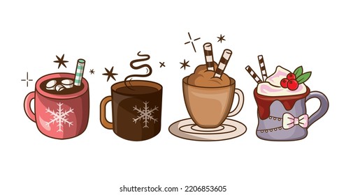 Christmas hot beverages of coffee, chocolate, and eggnog drinks in mugs and cups.