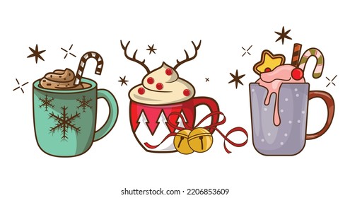 Christmas hot beverages of coffee, chocolate, and eggnog drinks in mugs and cups.