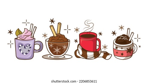 Christmas hot beverages of coffee, chocolate, and eggnog drinks in mugs and cups.
