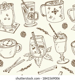 Christmas hot beverages Vector seamless pattern with food and drink hand drawn doodles.