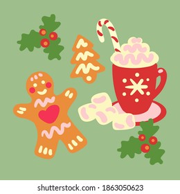 Christmas Hot chocolate, Candy cane, Gingerbread man and whipped cream in red Cup with snowflake. Holly greeting card. Vector Typographical Backdrop. illustration for Postcard, poster, flyer, T-shirt 
