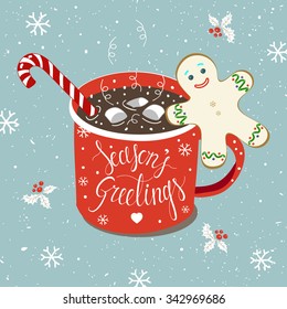 Christmas Hot chocolate, Candy cane, Gingerbread man & Holly greeting card. Ink hand lettering inside mug shape. Vector Typographical Backdrop. Postcard, poster, flyer, T-shirt & textile design. 