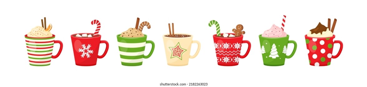 Christmas hot chocolate and cocoa, cartoon mug with drink vector icon, coffee, latte and tea. Holiday winter set isolated on white background. Cute menu illustration