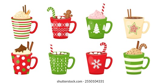 Christmas hot chocolate, cocoa mug, coffee cup, coffee, latte and tea. New Year drink, winter dessert, holiday sweet menu. Beverage cozy set isolated on white background. Cartoon vector illustration