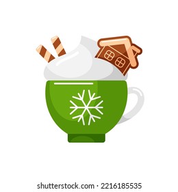 Christmas hot chocolate, coffee or cocoa with whipped cream and cookie, green cup with snowflake for cafe, coffee house with Christmas design. Vector flat cartoon icon isolated on white background