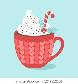 Christmas Hot Chocolate With Cream And Candy Cane. Vector Illustrations