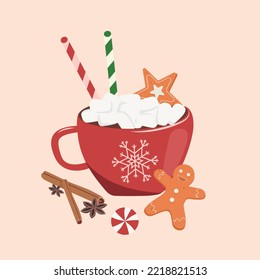 Christmas Hot chocolate with cream, candy cane and coockies. Vector illustrations