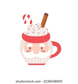 Christmas hot chocolate with cream, candy cane, cinnamon stick in a mug in the form of Santa Claus.  Cute flat cartoon vector illustration.