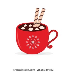 Christmas hot chocolate cup with marshmellow on a white bacground,vector illustration.