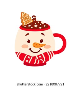 Christmas hot chocolate in cup in shape of snowman, eggnog drinks. Vector mug or cup winter holiday beverage cocoa, egg nog and coffee cocktail