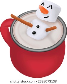 Christmas hot chocolate with fun marshmallow snowman in red cup.