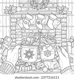 Christmas hot chocolate in hands by the fireplace.Coloring book antistress for children and adults. Illustration isolated on white background.Zen-tangle style.