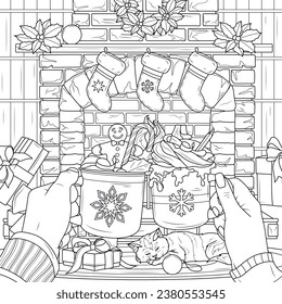 Christmas hot chocolate in hands by the fireplace.Coloring book antistress for children and adults. Illustration isolated on white background.Zen-tangle style.